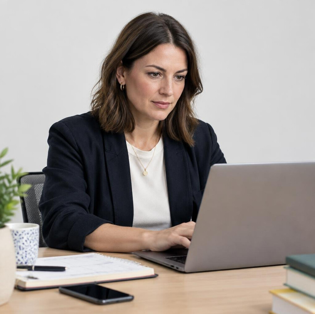 British woman editorial planner working on a laptop at a desk