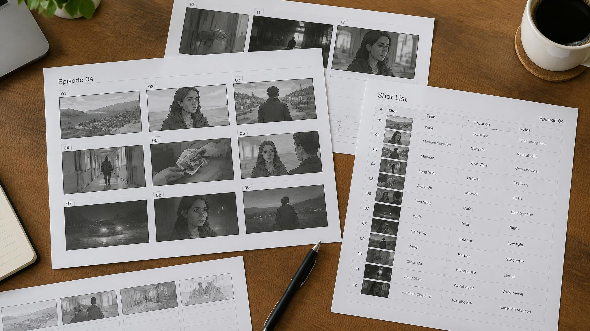 Storyboard papers laid out on a table for episode planning