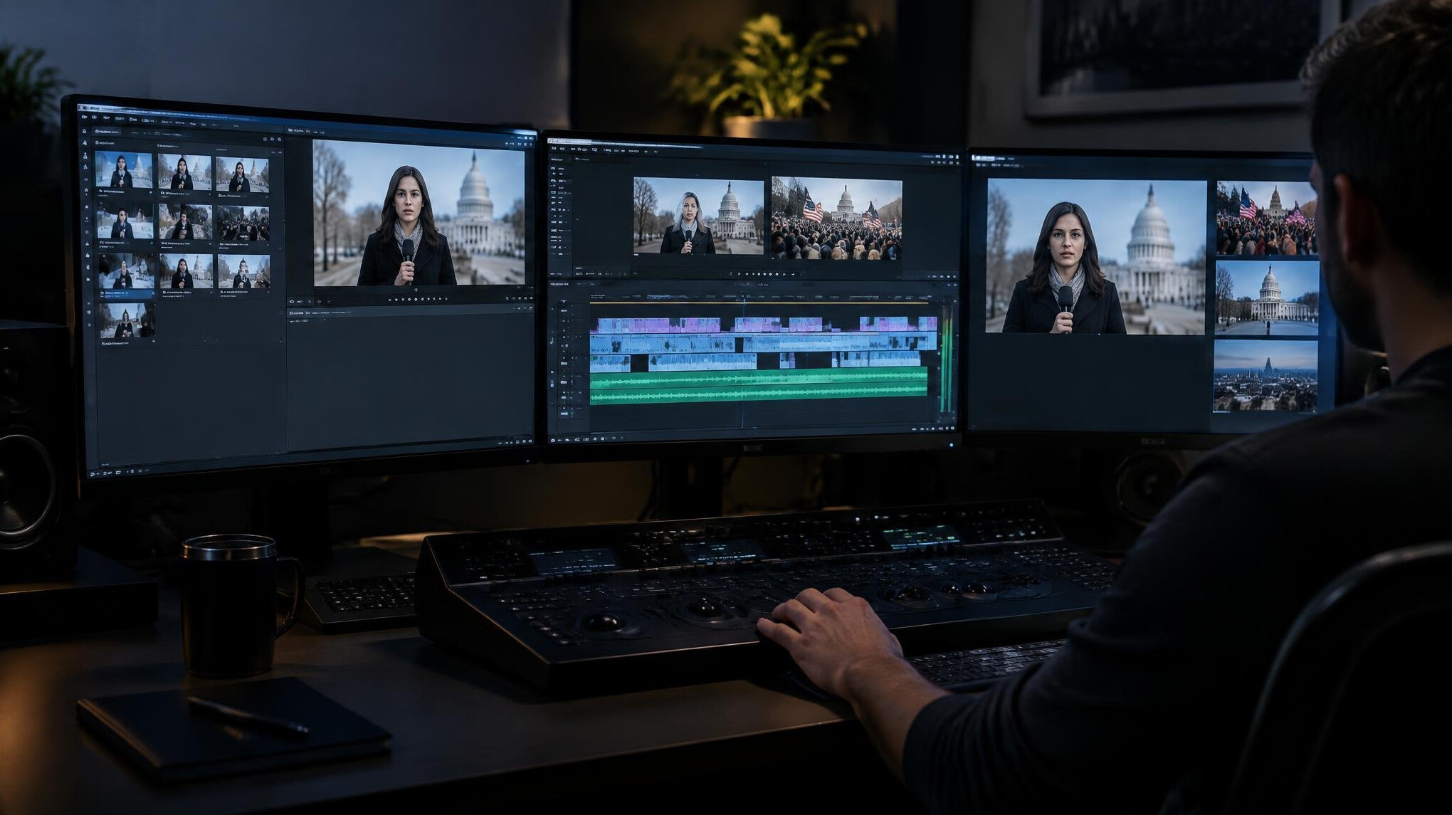 Video editing suite with multiple monitors showing footage
