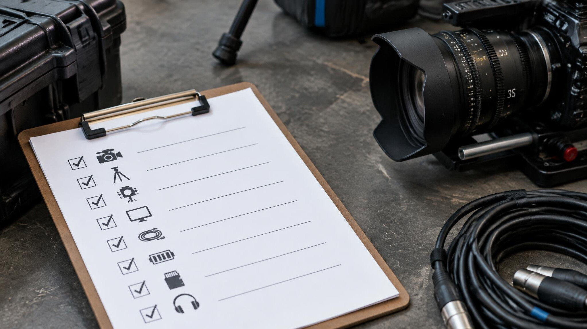 Production checklist clipboard next to camera gear