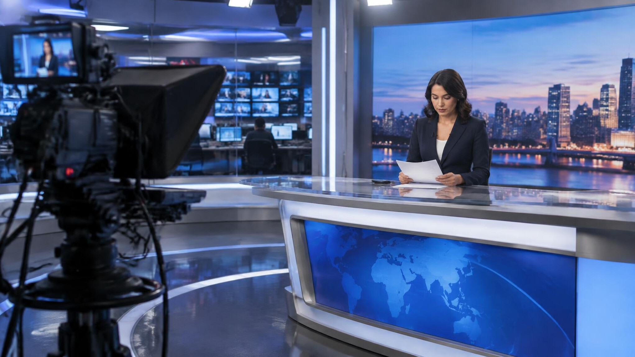 Broadcast journalist reviewing a script in a television studio