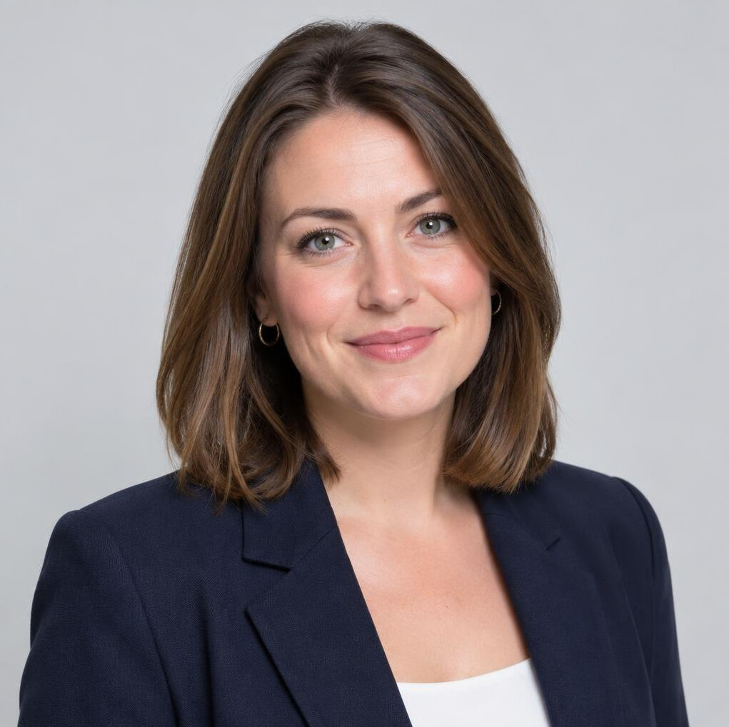 Studio headshot of a British woman, a news producer, smiling