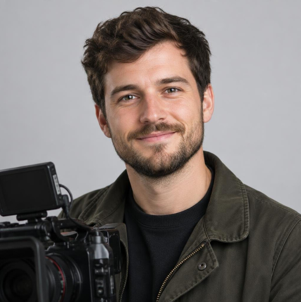 Studio headshot of a British man, a camera operator, smiling