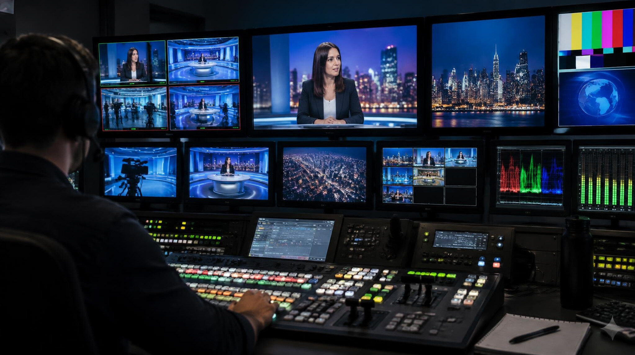 Television control room with rows of video monitors