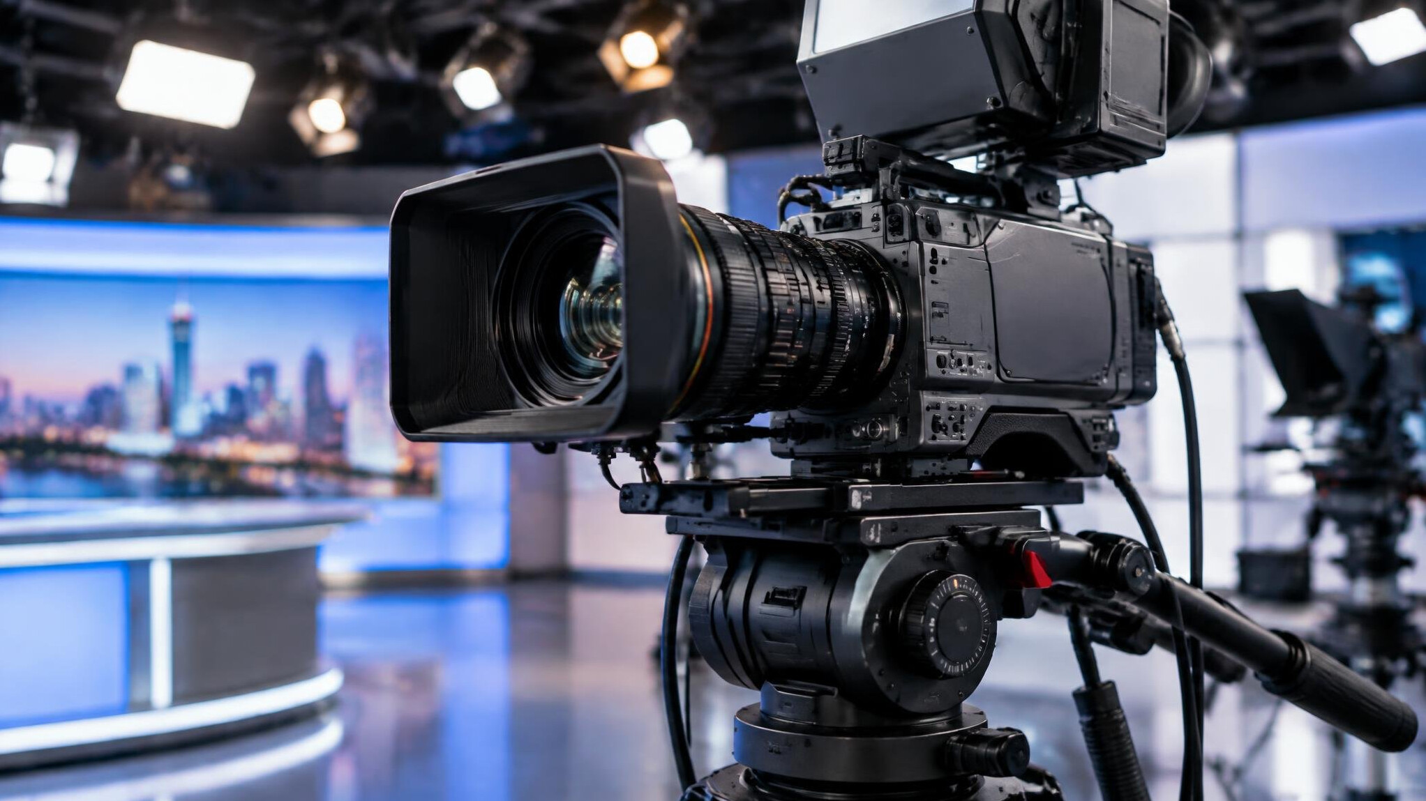 Professional broadcast video camera mounted on a tripod in a studio