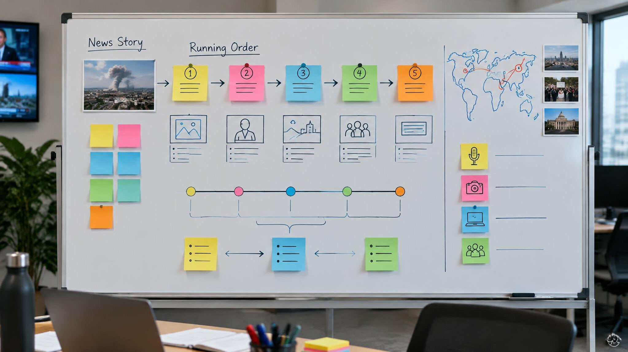 Whiteboard covered with story planning sticky notes