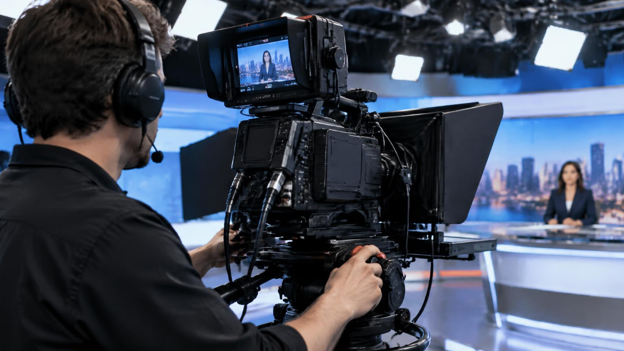Camera operator adjusting a studio camera during a broadcast