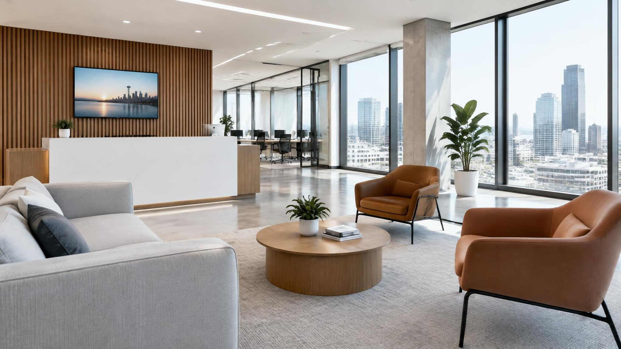 Bright modern media office reception area