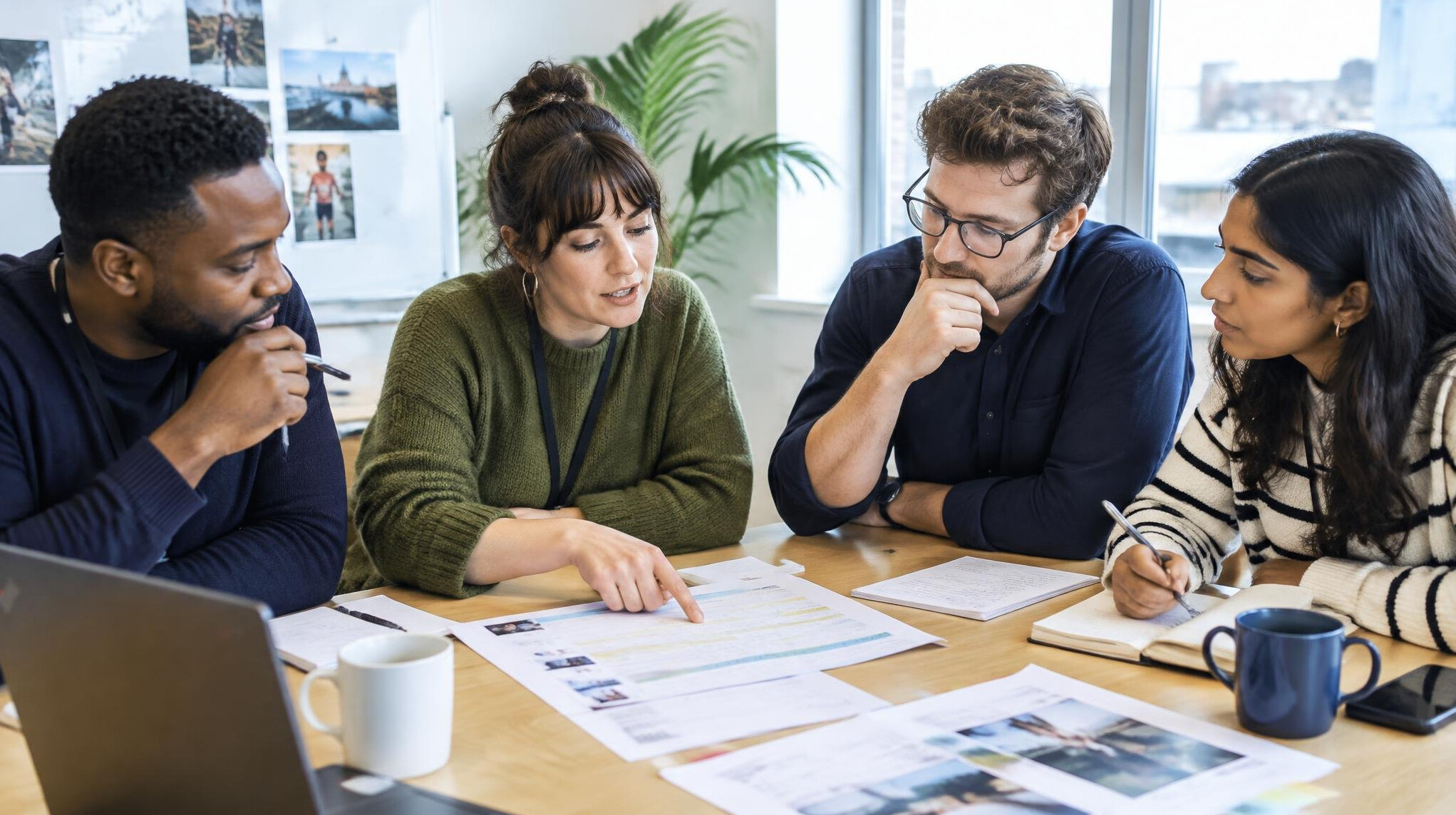 Editorial team discussing a story running order around a table