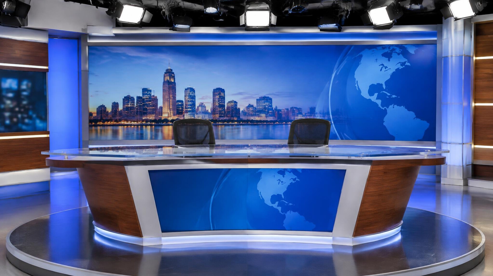 News anchor desk set with studio lighting